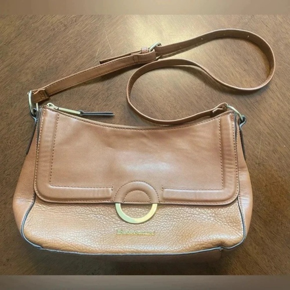 ENZO ANGIOLINI Caramel Brown Front Flap Zip Zip Closure Shoulder Handbag EUC